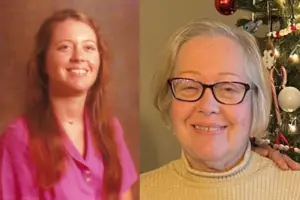 a photo of a young women with long hair and a pink shirt and a photo the same woman, older with short gray hair and glasses.